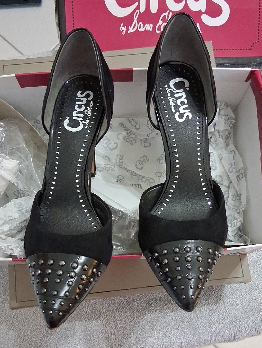 Mellie Black Leather Studded Stiletto Heels